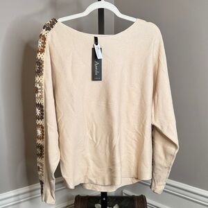 Aaeda Cream Sweater with Patterned Sleeve Size XL